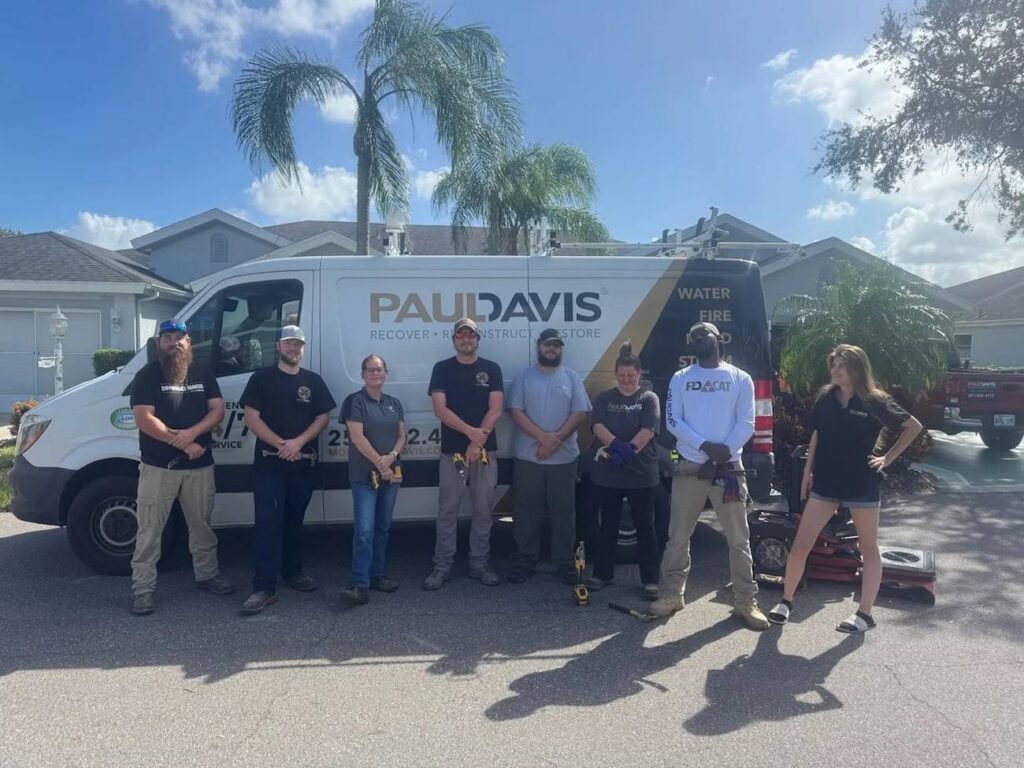 Paul Davis Restoration of Mobile team standing in front of branded service van with equipment, ready for water, fire, and storm damage restoration services