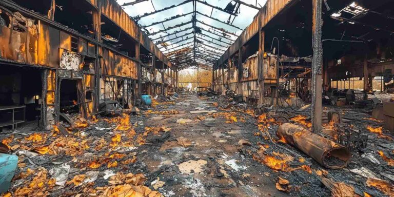 Large commercial building with severe fire and smoke damage after industrial fire, requiring emergency commercial fire damage restoration, debris cleanup, and reconstruction services in Mobile, AL by Paul Davis Restoration.