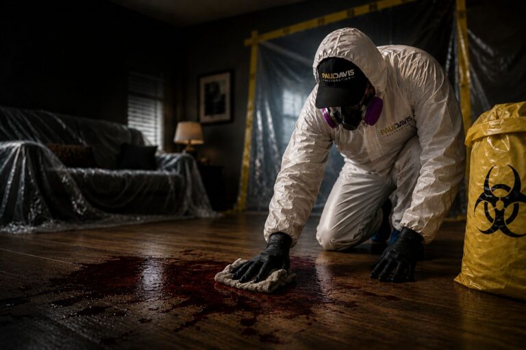 Paul Davis Restoration of Mobile technician performing professional biohazard and crime scene cleanup service in a residential property using protective equipment and certified sanitation procedures.